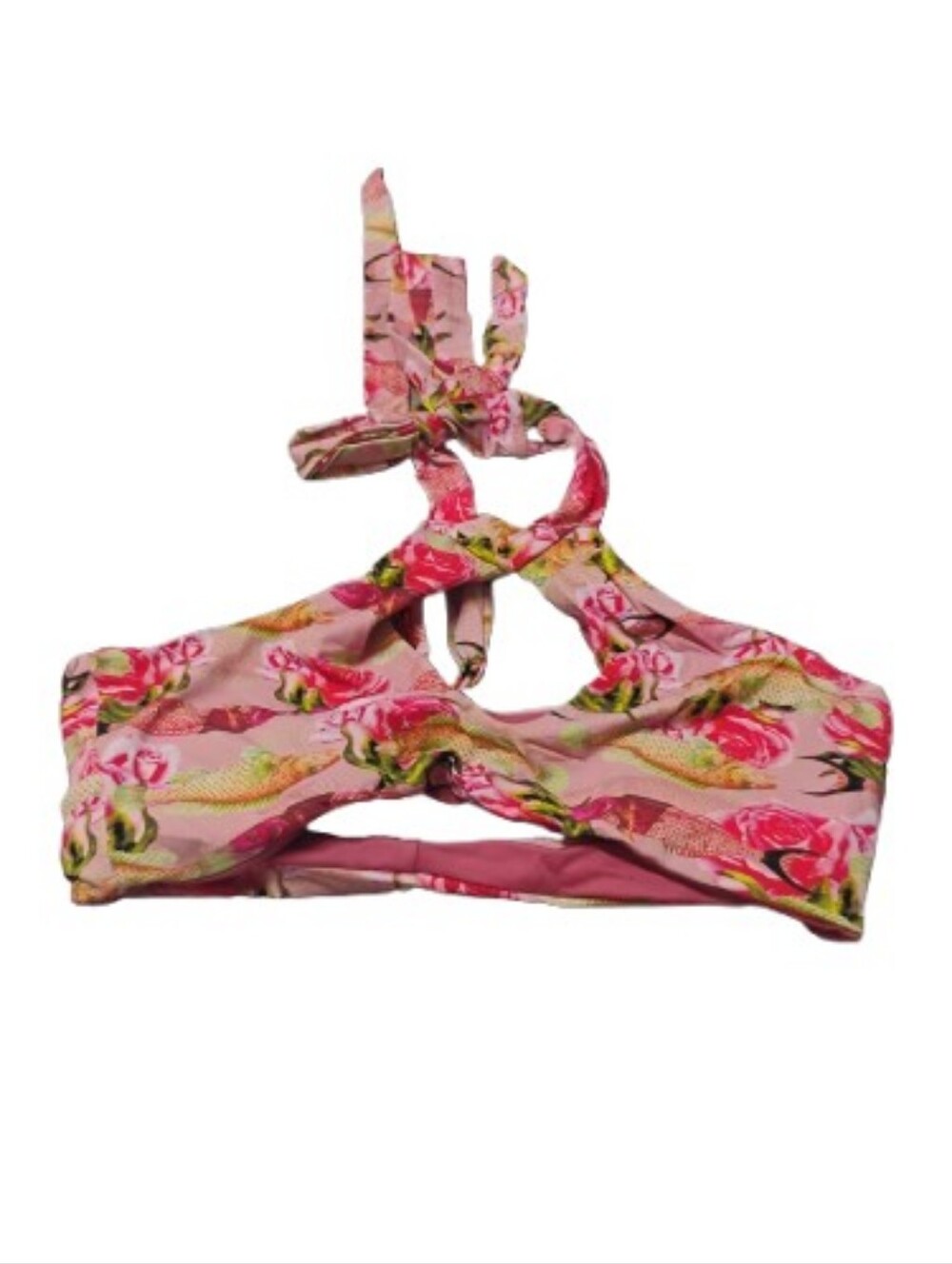 Malai Pink Floral Fish Print Halter Bikini Top Sz S